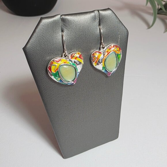 Colorful Enamel Heart Dangle Earrings - Silver Tone - Picture 1 of 8
